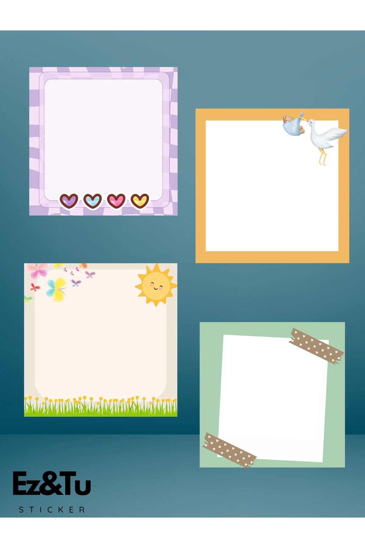 8x8 Desenli 4 Lü Set Memopad Bloknot Planlayıcı Sevimli Güneş Mor Kalp Leylekli